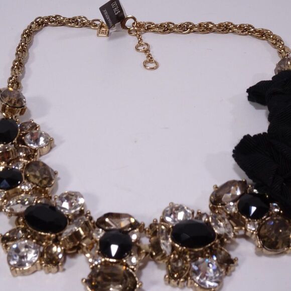 Banana Republic Black Grosgrain Ribbon Onyx Gem Stone Statement Crystal Necklace - Picture 6 of 15